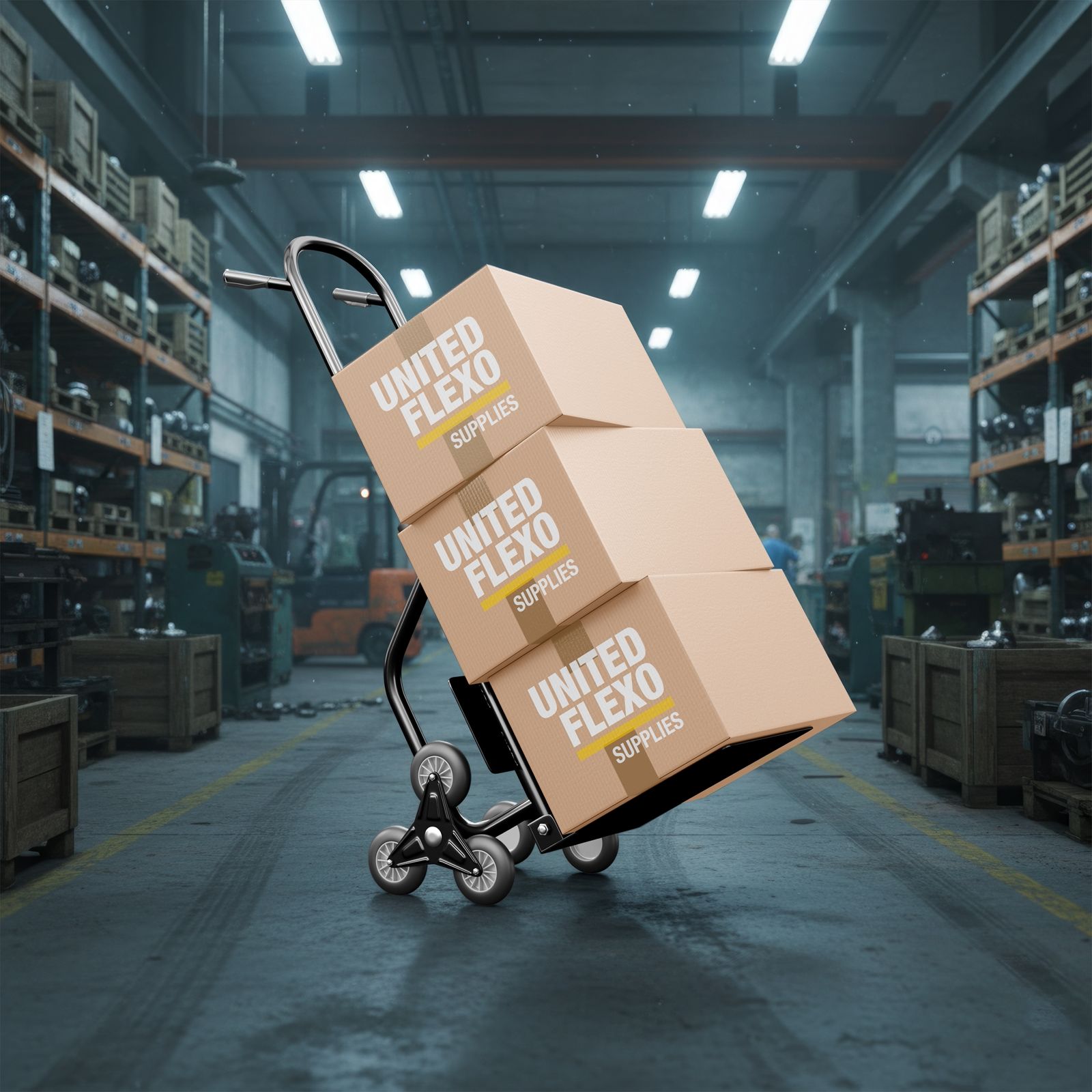 United Flexo Supplies branded company vehicle inside a warehouse
